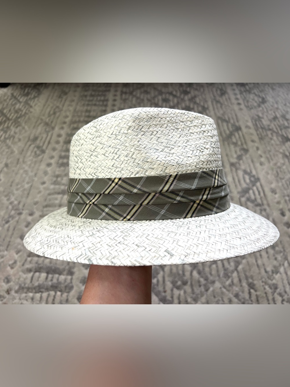 Weatherproof White Straw Fedora with Olive Plaid Band